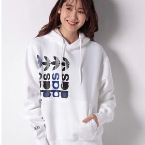 Adidas Unisex White Hoodie with Blue and Black Graphics Excellent Condition